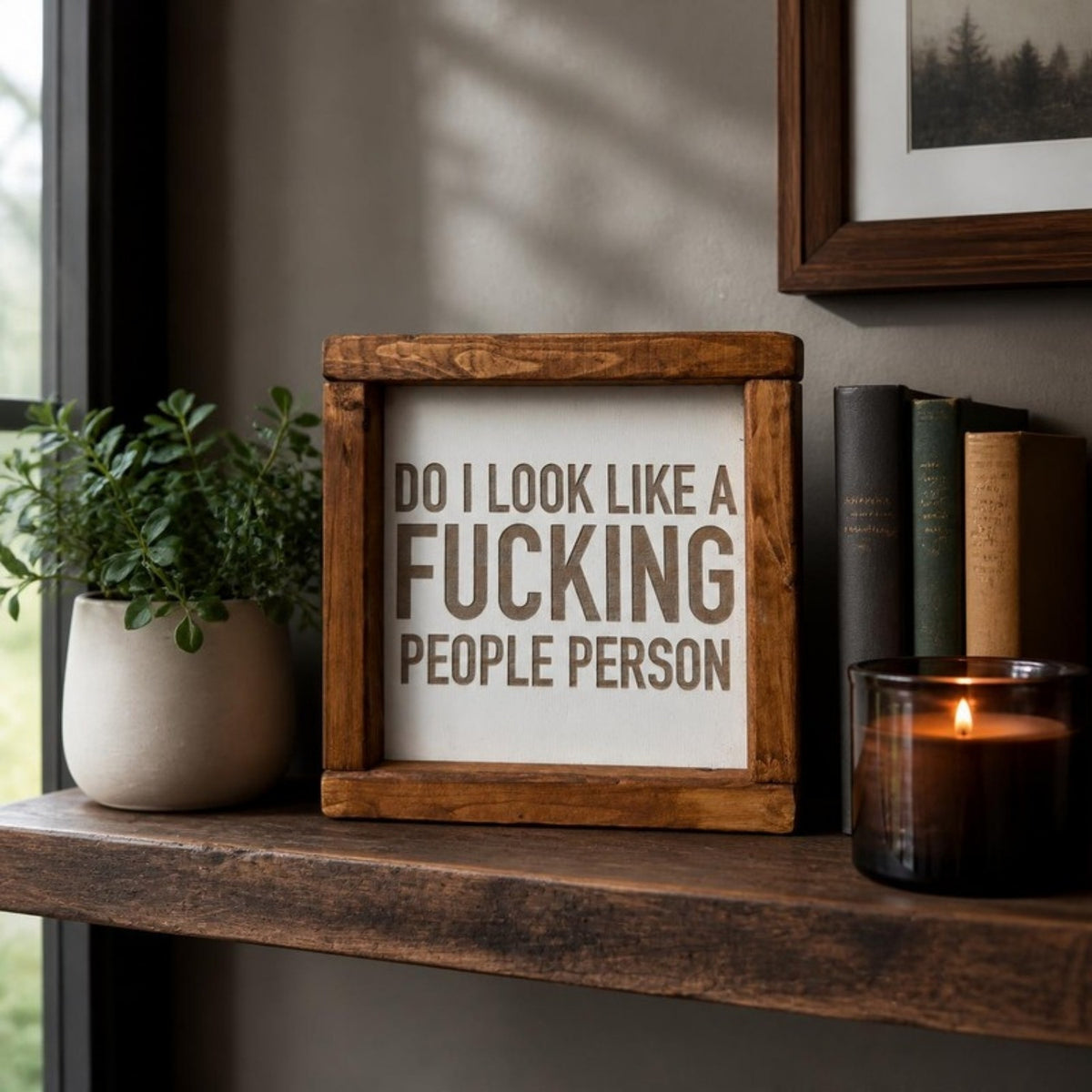 Do I look like a fucking people person framed sign on a living room shelf