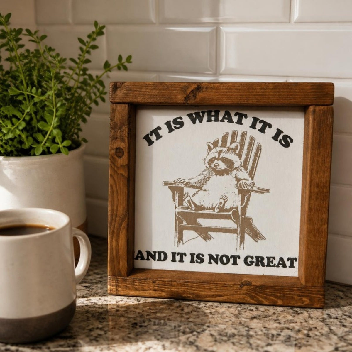 It is what it is and it's not that great framed sign on a kitchen counter