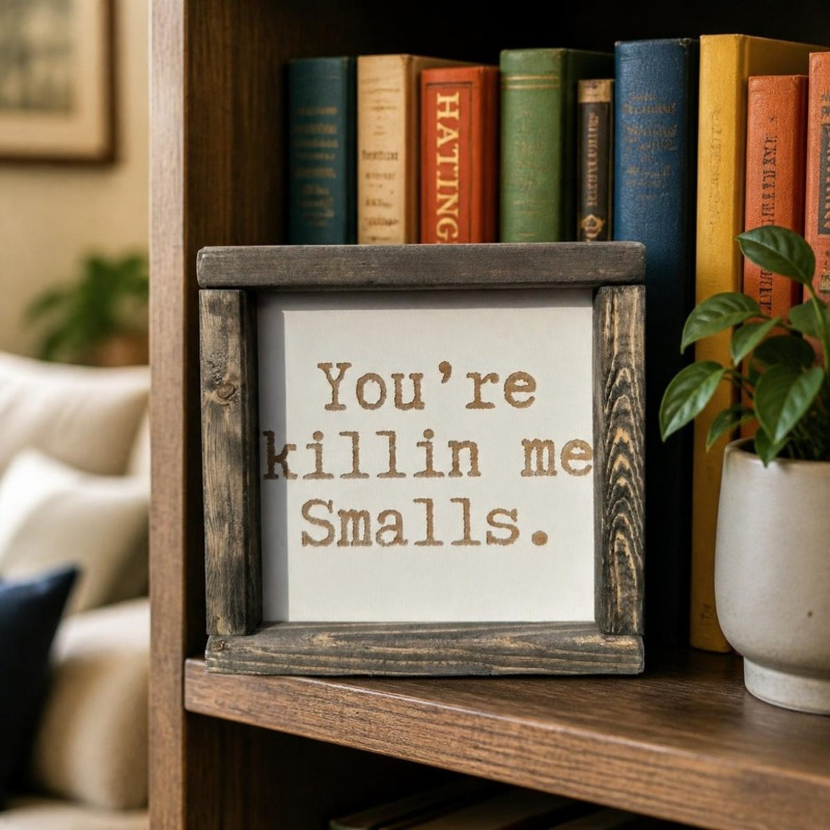 You're killing me Smalls framed sign on a bookshelf