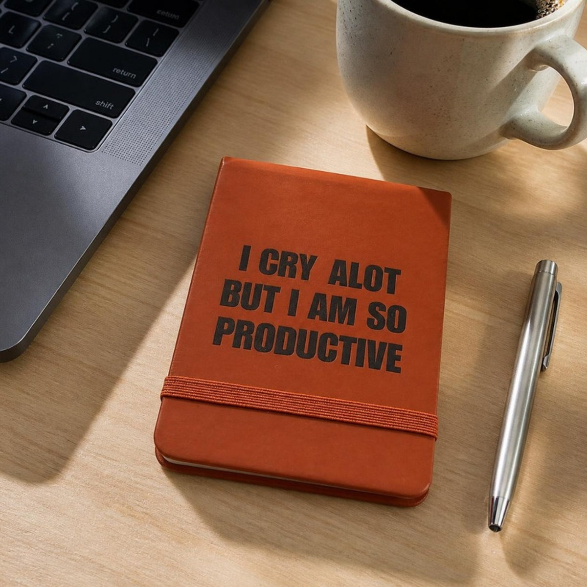 I cry a lot but I am so productive notepad on a desk