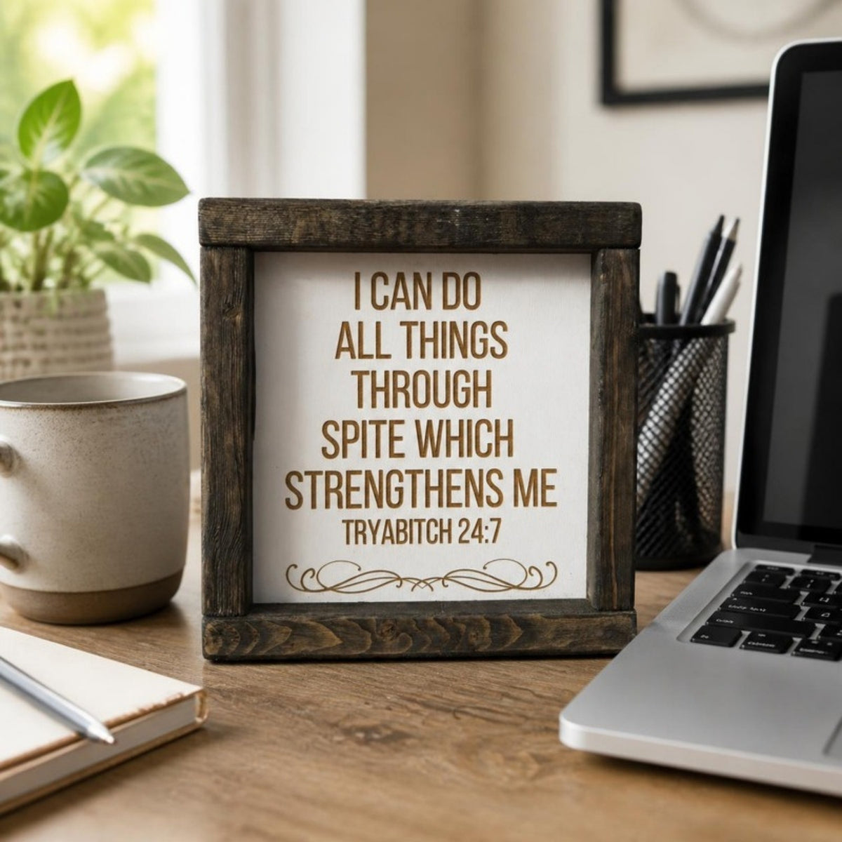 I can do all things through spite framed sign on a desk
