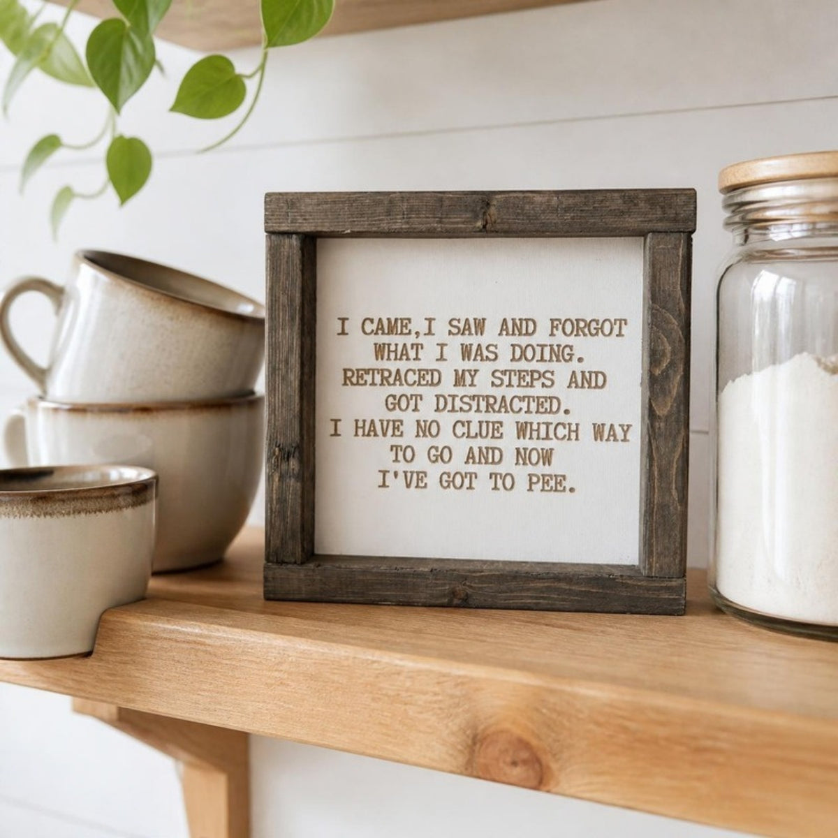 I came I saw I forgot framed sign on a kitchen shelf