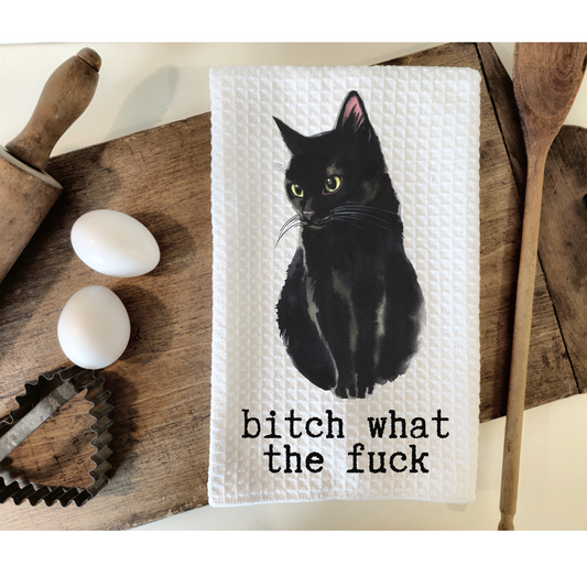Bitch, what the fuck black cat funny Hand Towel
